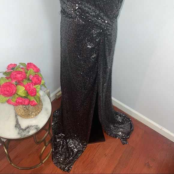 # Rene Ruiz Collection Gunmetal Color One Shoulder Sequined Gown With High Slit - Picture 5 of 16